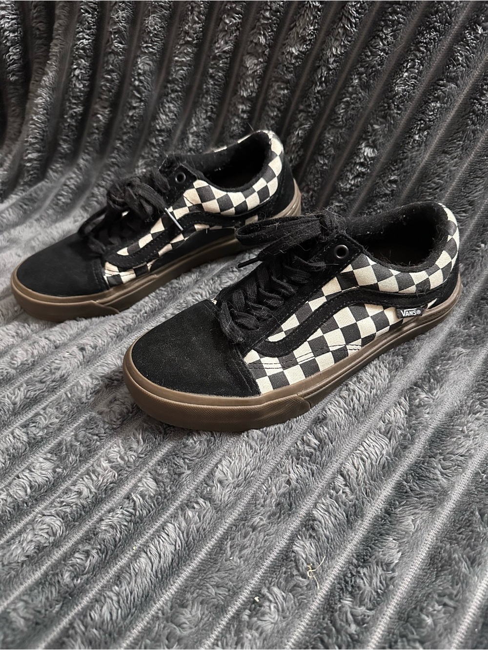 Vans Men’s PopCush Checkerboard Sneakers in Black & White with Gum Sole